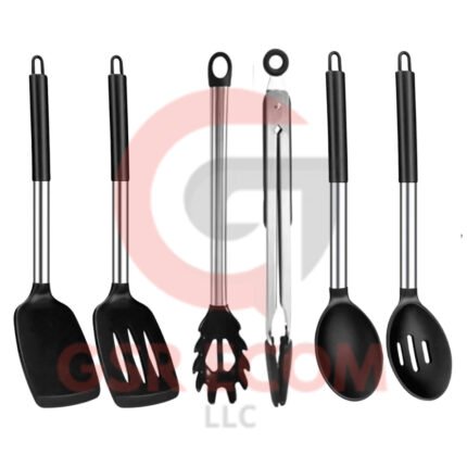 6-Piece Silicone Cooking Utensils Set with Holder, Heat Resistant Kitchen Utensils Set of Slotted Spatula, Spoons, Whisk, Tong, Non Toxic Black Kitchen Tool Set for Nonstick Cookware, Black